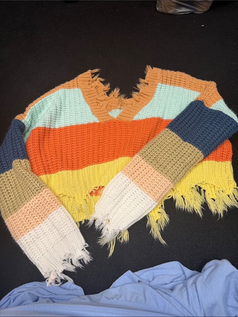 Storia Multi-Color Striped V-Neck Distressed Knit Sweater